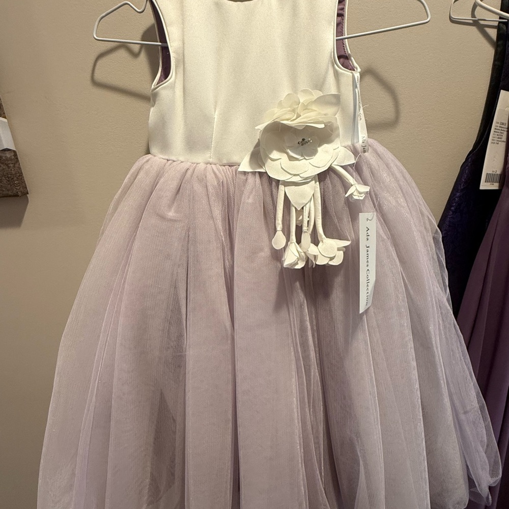 Elegant White and Lavender Dress with Floral Accent